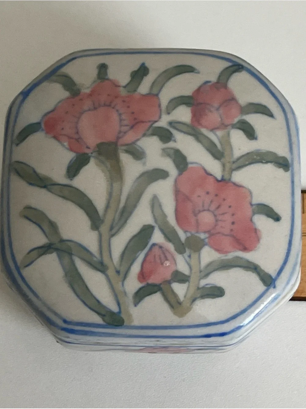 Vintage Ceramic Trinket Box Hexagon Hand Painted Floral Motif Pink Green 3.25”